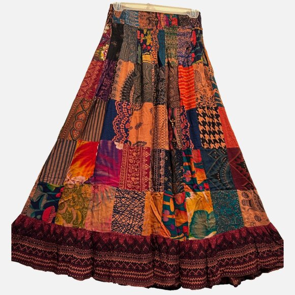 Nwt FUNKY STUFF boho hippy patch bohemian smocked rayon SKIRT L - Picture 1 of 4
